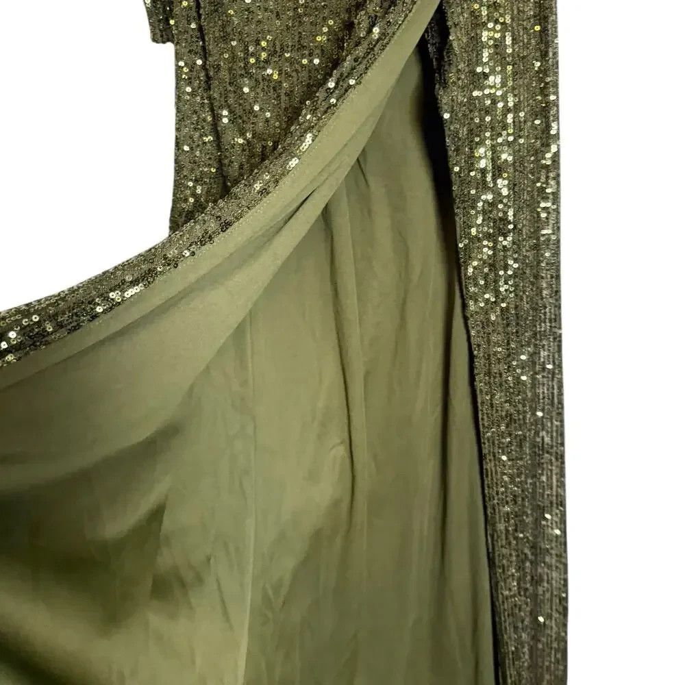 MAC DUGGAL 26571 One Shoulder Long Sleeve Thigh High Slit Sequin Gown 12 OLIVE - Picture 9 of 11